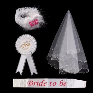 4pcs/set Fashion Garter Veil Hen Night Party Bride To Be Bachelorette Party 1 Lace Set WHITE Rosette Mantilla Badge Sash SAS003