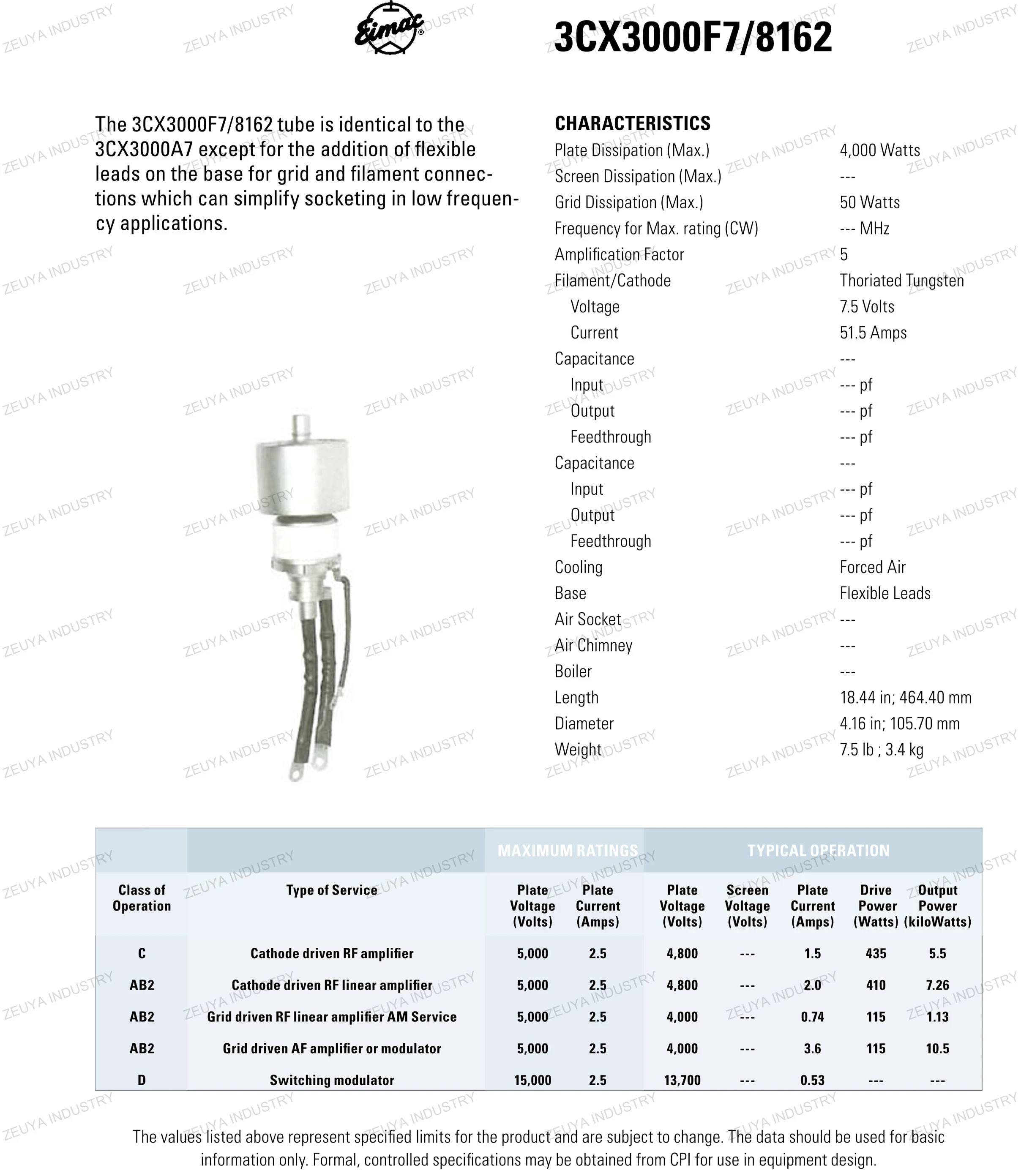 Amplifiers RF Oscillator Oscillation Tube Lamp Vacuum Tube 3CX3000F7-8162 EIMAC