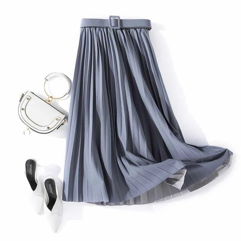 Autumn And Summer Women Pleated Skirt Casual Skirt Vintage Elegant Midi Skirt With Belt