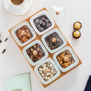 Bamboo eco-friendly bottom tray snack nuts leisure candy tray with glass lid