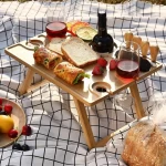 Bamboo Folding Picnic Table With Wine Holder And Wine Glass Holder Foldable Bamboo Collapsible Portable Snack Table