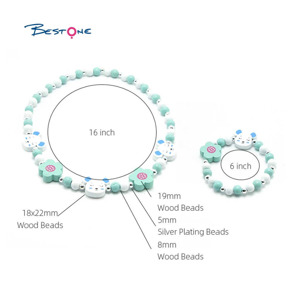 Bestone New Design 2pcs Girls Jewelry Sky Blue Bear Wood Bracelet Necklace Set with Organza Bag Packaging