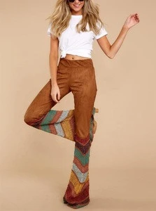 Brown Suede Crochet Flared Women Fashion Sweat Ladies Ethnic Pants With Waistline Velvet Trousers
