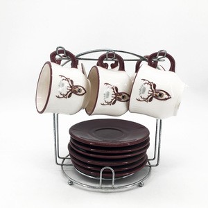 Cappuccino home goods espresso ceramic 6PC personalized tea coffee cup and saucer set with stainless steel stand