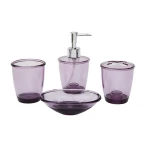 Cheapest plastic purple bathroom set 4pcs with soap dispenser cup soap dish