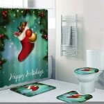 Christmas Shower Curtain and Bath Rug Set,Toilet Floor Mat Non-Slip Pedestal Rug Set for Home Bathroom Decoration