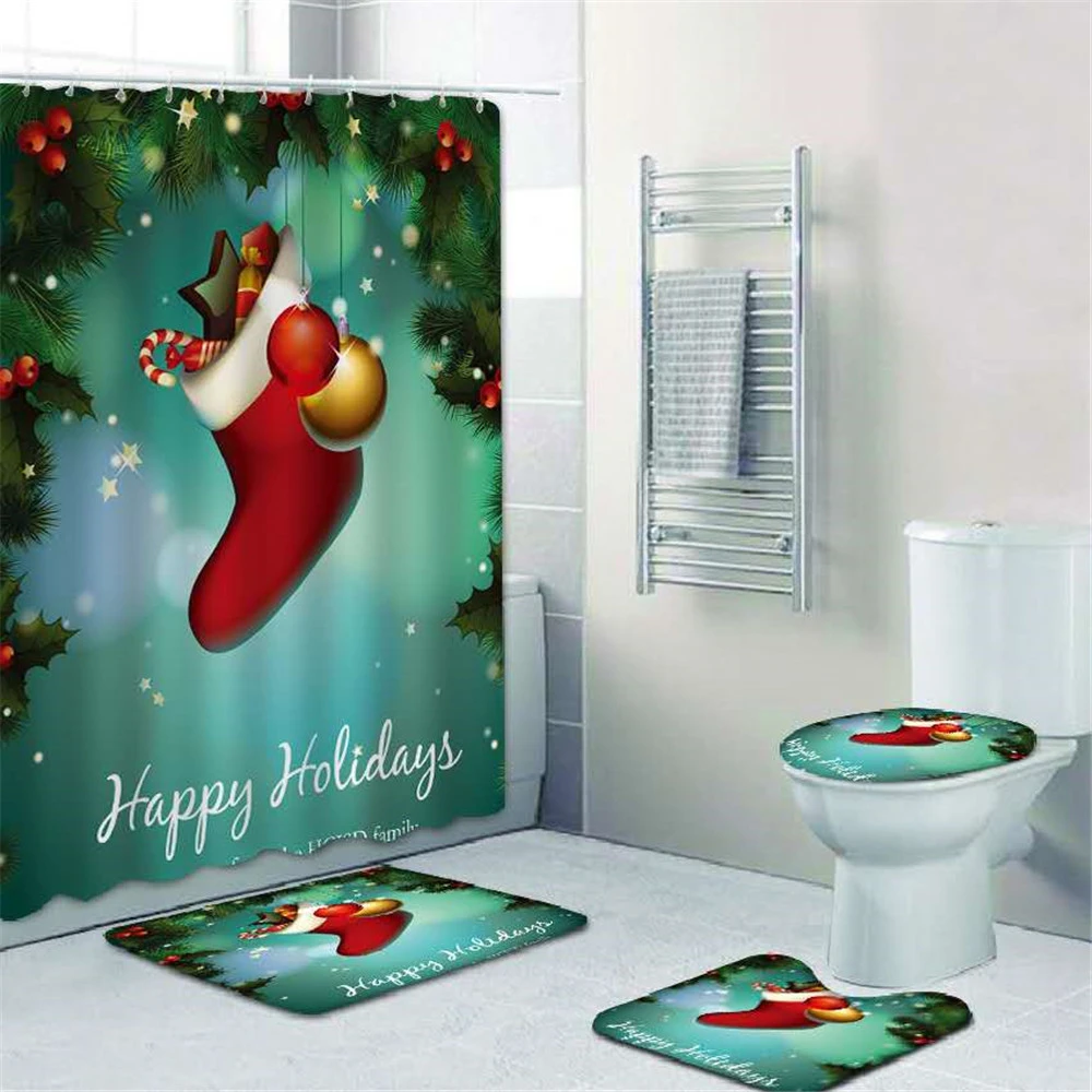 Christmas Shower Curtain and Bath Rug Set,Toilet Floor Mat Non-Slip Pedestal Rug Set for Home Bathroom Decoration