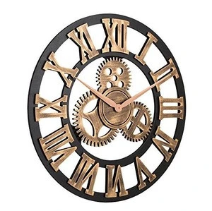 Clock 3D Retro Rustic Vintage Wooden 23-Inch Noiseless Gear Wall Clock, Roman-Anti-Bronze