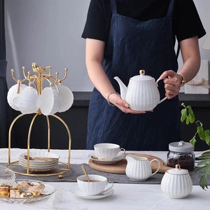 Concise design white classic china ceramic tea set with handle