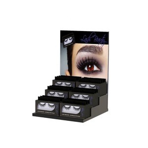 Countertop perspex step display stand for false eyelash retail acrylic lucite display rack with clear poster sign holder