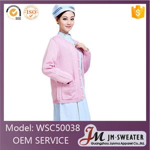 Custom designs knitted staff outerwear pink cotton thick hospital uniform for nurse sweater cardigan