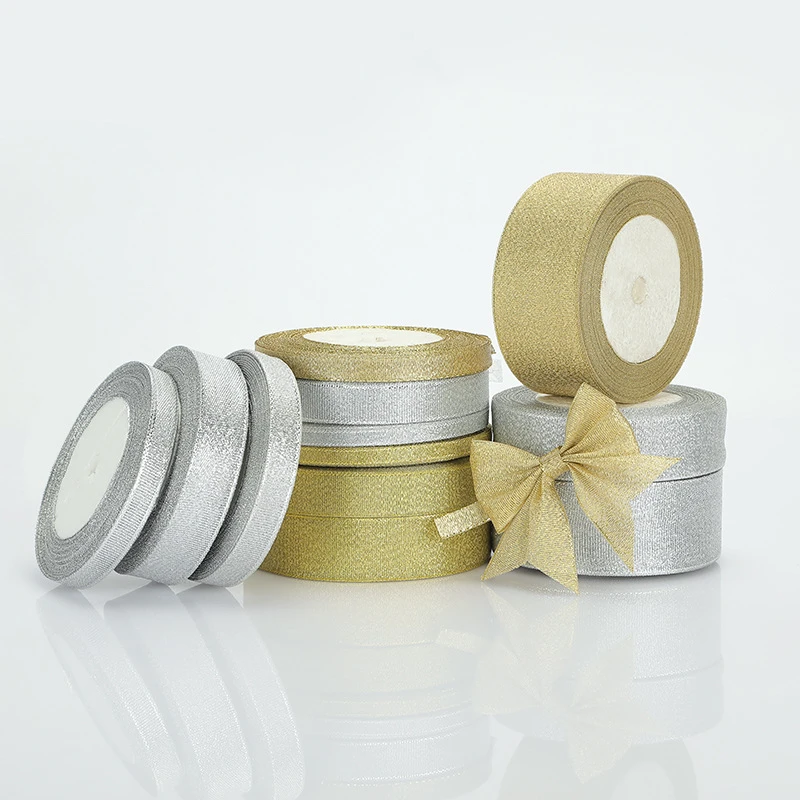 Custom Gift Packing Ribbons Polyester Gold Silver Metallic Ribbon For Decoration