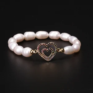 Customized Pearl Bead Stretch Bracelets CZ Micron Pave Eye Cross Heart Charm White Natural Freshwater Pearl Bracelet Women