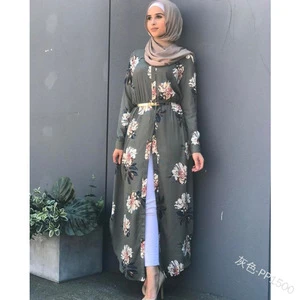 Dubai Fashion Women Muslim Floral Printing Long-sleeve Corset Casual Dress Islamic Ladies Flower Abaya Cardigan