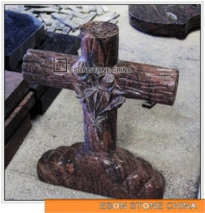 Eson Stone rose aurora polished cross with flower carving tombstone and monument