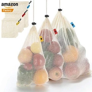 Factory Eco Friendly Natural Durable Cotton Packaging Tare Weight Listed Storage Mesh Reusable Produce Bags With Drawstring