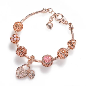 Fashion Jewelry Rose Gold Plated Heart Pendant Bangles Charm Bracelets