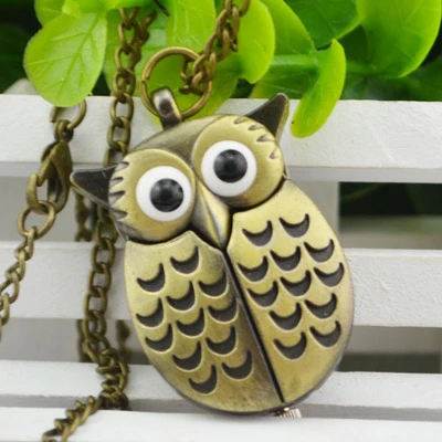 Fashion Retro Unisex Vintage double open key chain Owl Pendant Antique Necklace Pocket Watch Gift High Quality