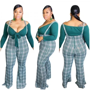 Foma PP049  hot selling 2020 sexy long sleeve crop tops plaid trousers women suspender set  plus size 2 piece sets