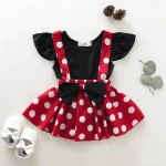 Girls spring and autumn kids dress 2020 new solid color flying sleeve top + polka dot suspender skirt two-piece suit girl skirt