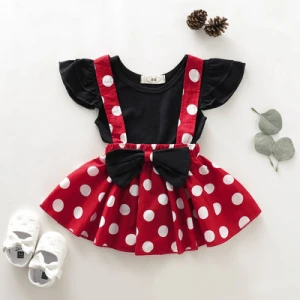Girls spring and autumn kids dress 2020 new solid color flying sleeve top + polka dot suspender skirt two-piece suit girl skirt