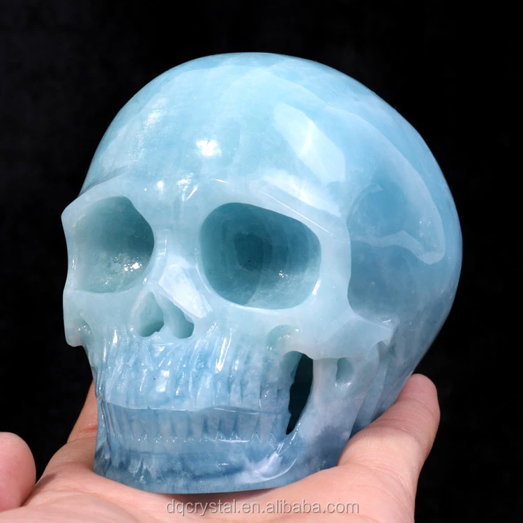 Hand Carved High Quality Natural blue aquamarine crystal skull crafts