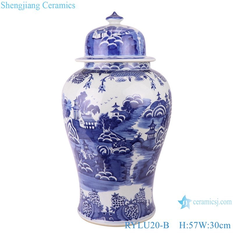 Hand Painted Chinese Landscape Motif Ceramic Temple Jar
