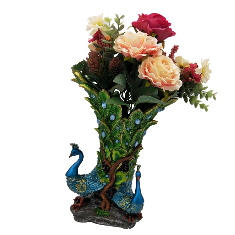 High Quality Resin Crafts Custom Resin Peacock Decoration Flower Insert Vase