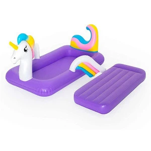High Quantity Comfortable Flocking Inflatable Unicorn Shaped Kids Airbed With Frame Durable Folding Portable Child Camping Air M