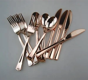 HOT Plastic Rose Gold Cutlery Set - Disposable Metallic Flatware - Plastic Metallic Forks, Spoons,knives Heavy Duty Silverware