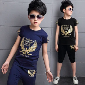 Hot sale 2 pieces summer fancy style t shirt shorts matching kids clothing set for boy