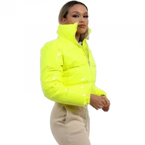 Hot Sales PU Leather Short Standard Collar Orange Puffer Jacket Women Winter Bubble Coat