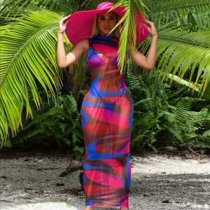 KaiChen Wholesale Summer Casual Women See-Through Mesh Midi Long Sleeveless Floral Beach Dress