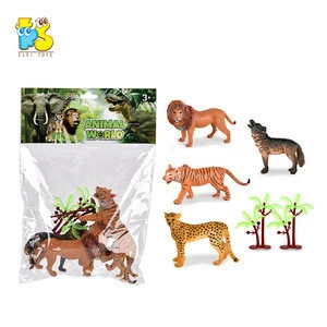 Kids realistic animal models lion tiger leopard wolf 2 trees plastic animal toys