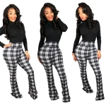 LLS0245 Hip hop full length wide-leg pants printed in plaid casual high waisted ladies wide leg pants