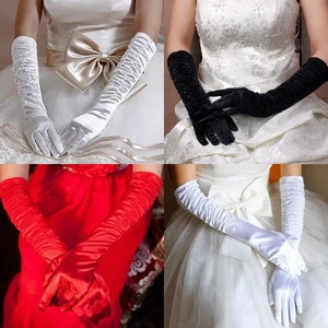 Long Section Folds Hand Sewn Beads Wedding Yarn Stretch Satin Bridal Gloves