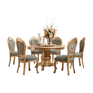 luxury dining room furniture marble top wood carving round dining table set