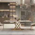 Luxury restaurant metal stainless steel marble dining room sets modern Furniture kitchen dinning table and 6 chair set