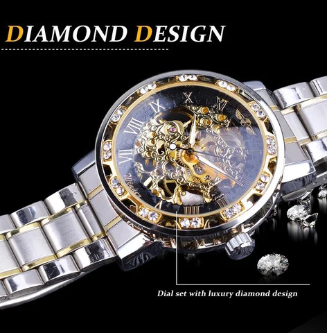 Luxury Winner OEM Transparent Diamond Luminous Gear Movement Royal Design Male Mechanical Skeleton Wrist Watch for Men