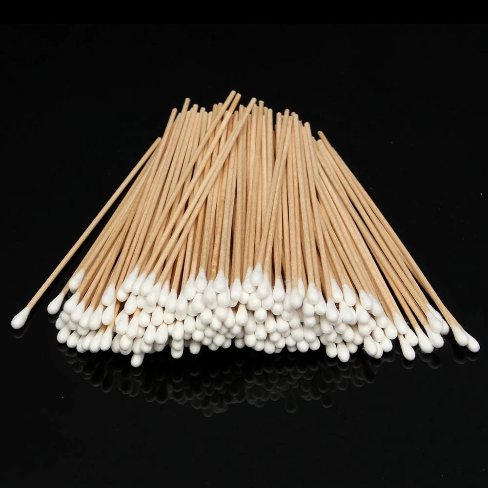 Manufacturer industrial 100 count 6" long gun ear cleaning swab clean wooden handle bamboo wood buds sticks q-tips cotton swabs