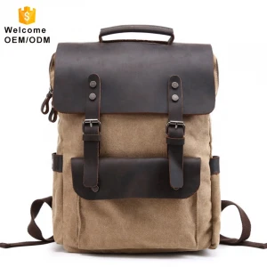 Mens Washed Canvas Genuine Leather customize logo rucksack retro vintage cotton laptop custom school canvas backpack for men