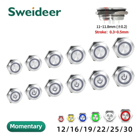 mini short type Stainless Steel Momentary LED  Button ultra-thin Waterproof Push Button Switch  for Mechanical Equipment
