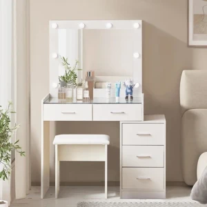 Modern Glass Top Makeup Dresser Vanity Dressing Table Organizer Makeup Dressing Room Bedroom Set with Mirror Light and Drawers