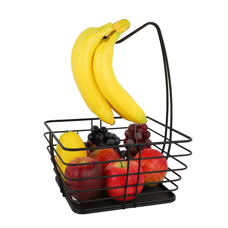 New Arrival  Fruit Basket Bowl with Banana Hanger Kitchen Organization Metal Wire Fruit Vegetable Storage Baskets For Kitchen