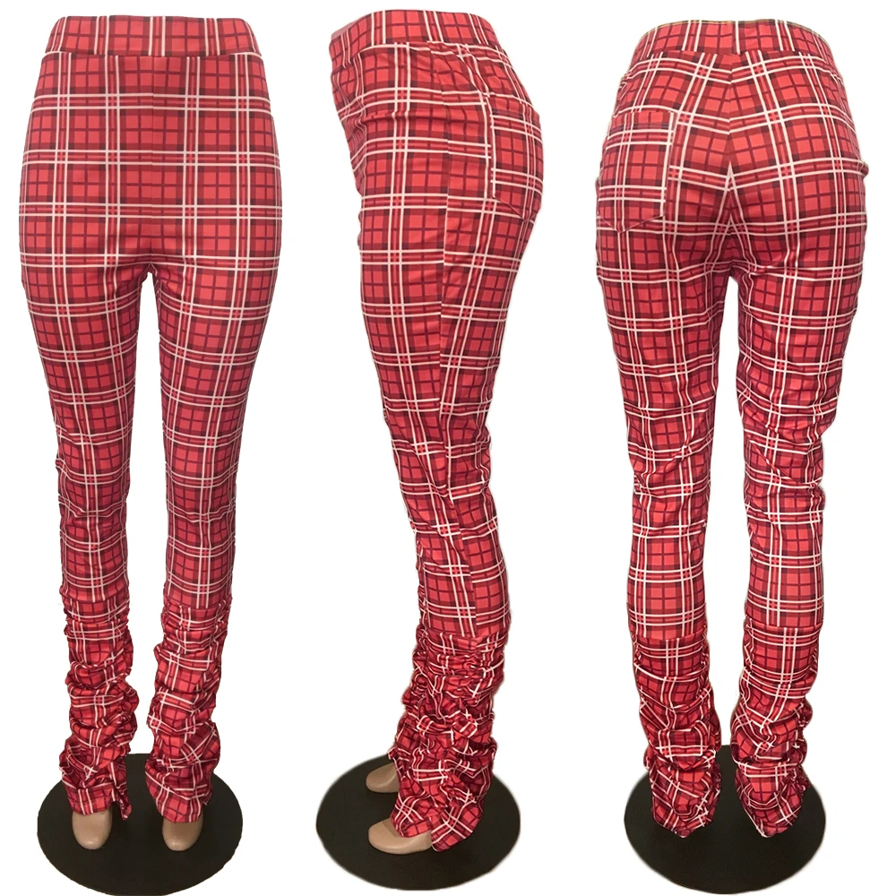 new arrivals 2021 spring summer women Plaid Print Pocket Stacked trouser stacked long pants