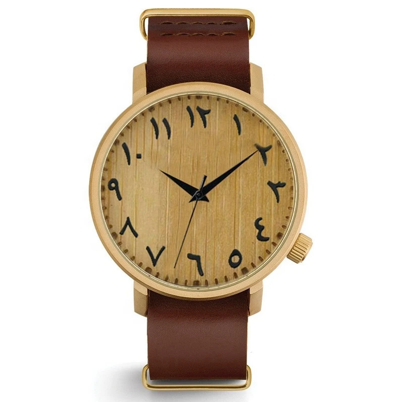 No Logo Alloy Watch Case Leather Strap Real Bamboo Wood Dial Arabic Number Watch
