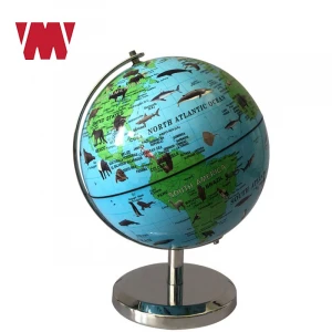 Novelty 14.2cm educational animal map world globe PVC surface ABS inner ball gloden metal base home decoration desktop globes