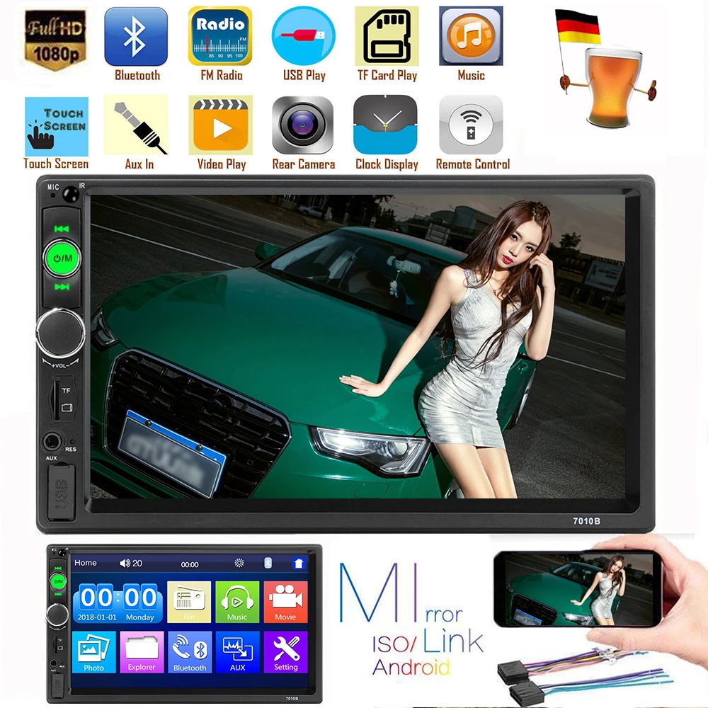 Podofo 2 Din Car Radio 7" HD Touch Screen Car MP5 Player BT USB Phone Link 7010B with Steering Wheel Control + Frame