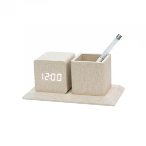 Promotion Wooden Table Clock And Desk Clock With Pencil Holder Weatherproof Stationery Pen Holder Digital Time Clock