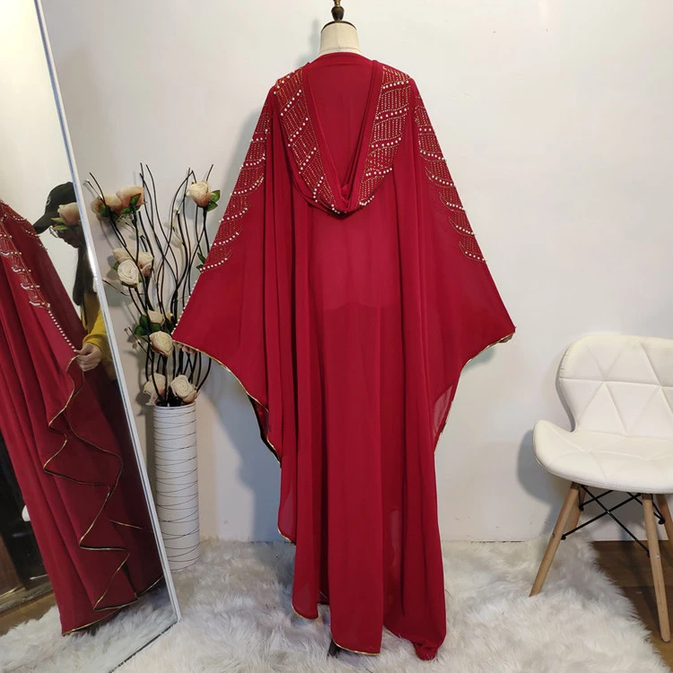 Red beading chiffon free size kimono summer dubai abaya islamic clothes for eid